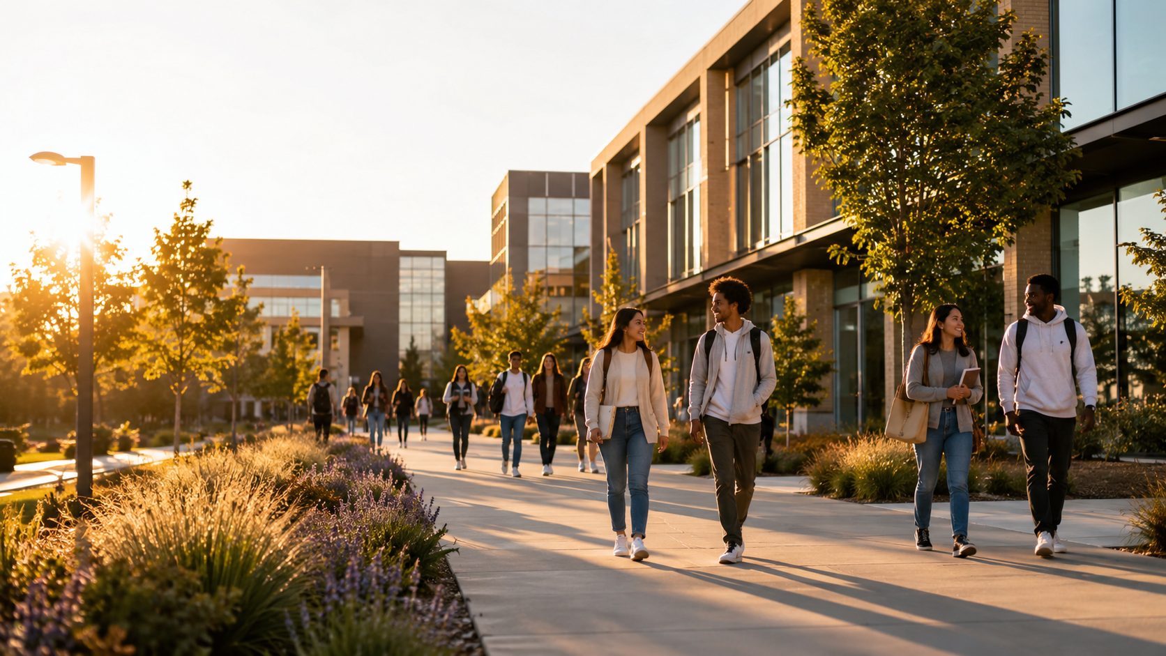 Students walking a sunlit campus at golden hour